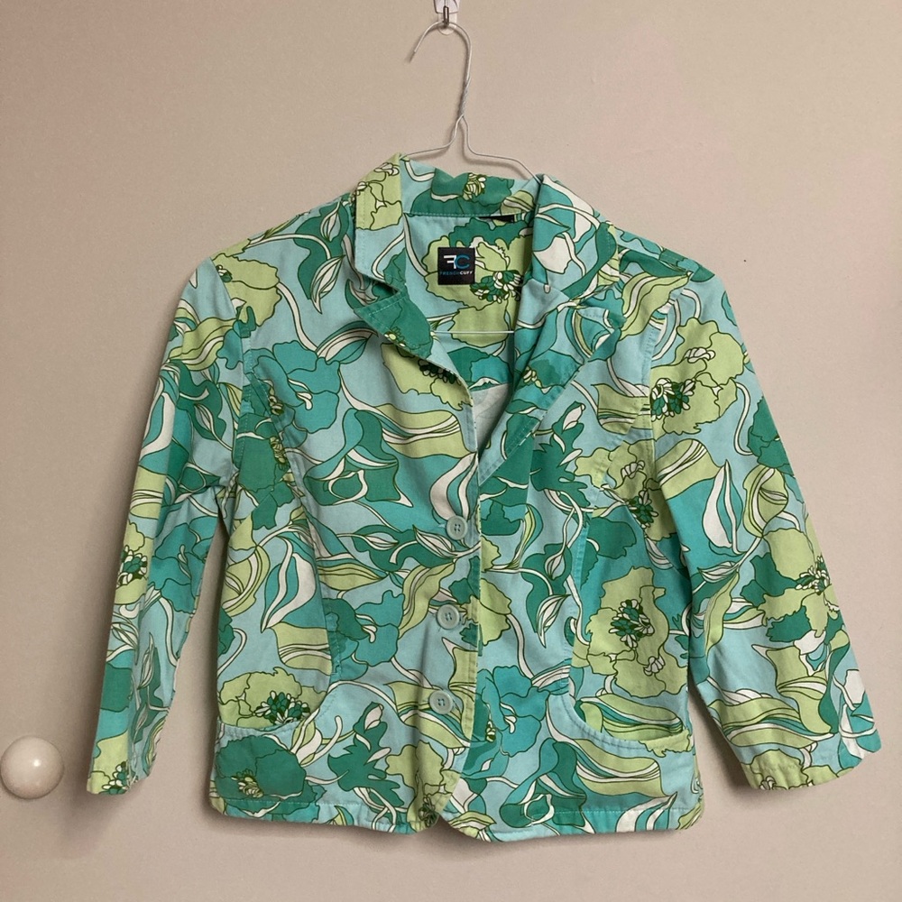 French Cuff Y2K Cropped Blazer Blue Retro Pattern Size Small